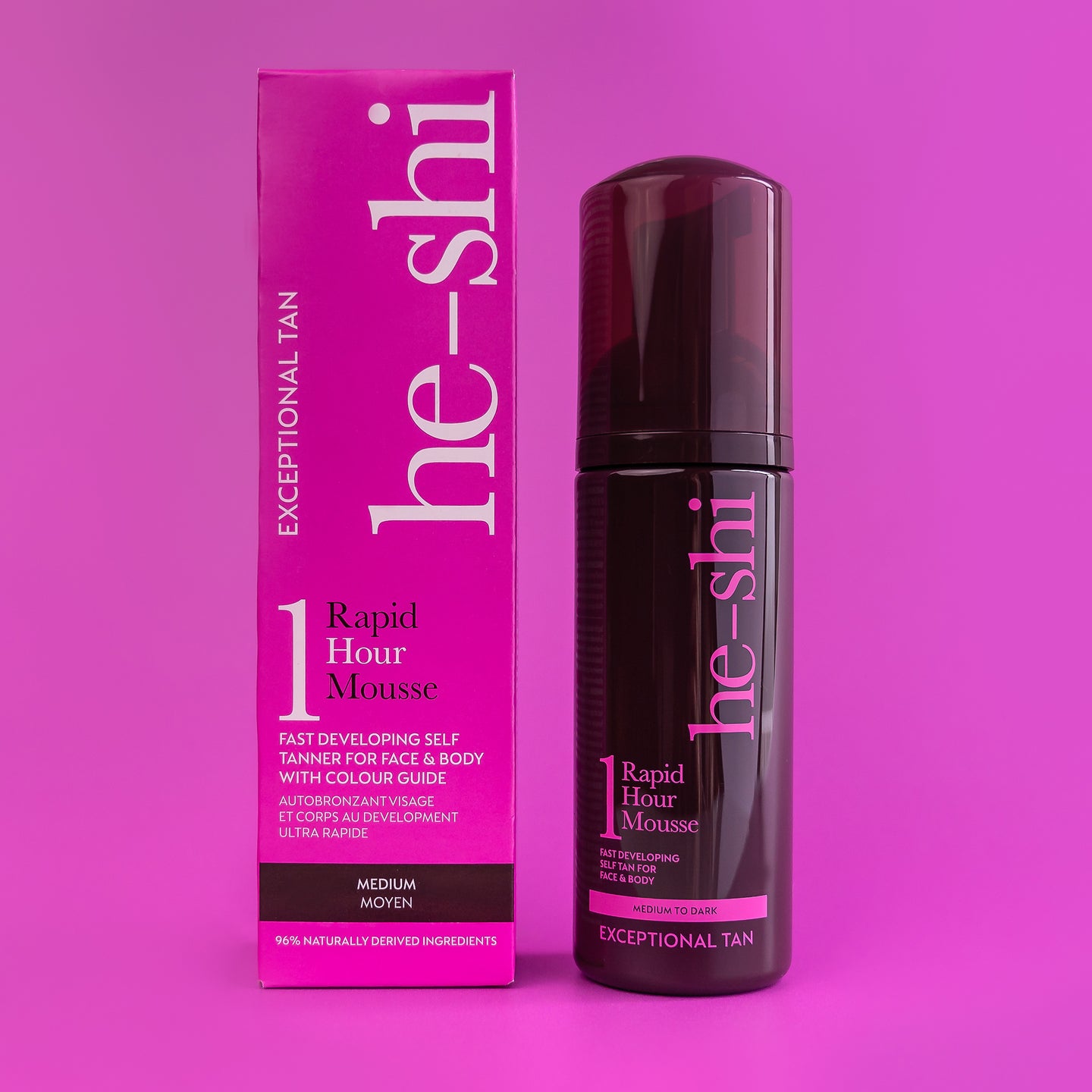 He-Shi Rapid 1 Hour Tanning Mousse bottle and outer box on pink background